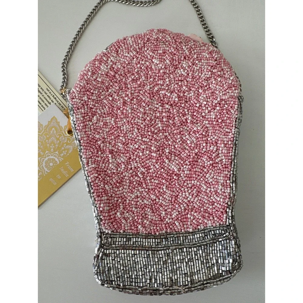 New Beaded Strawberry Milkshake Crossbody Bag Pink Silver Novelty Purse - Picture 2 of 5